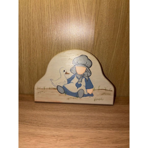 Other - Vintage Hand Painted Wooden Wall Plaque Girl with Duck Folk Art Blue Decor